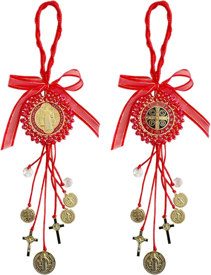 Bovemee Escapularios Catolicos,2PCS Golden Saint Benedict Medal Protection Blessing Charm, St Benedict Crucifix, Catholic Handmade Jewelry Gift Car Hanging Home Decor (2Red Saint Benedict) - Image 1
